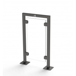 Modern glass infill door protection barrier with a stainless steel frame for office lobbies